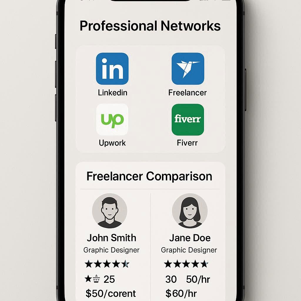 Écran smartphone montrant réseaux sociaux professionnels et comparaison entre freelances
