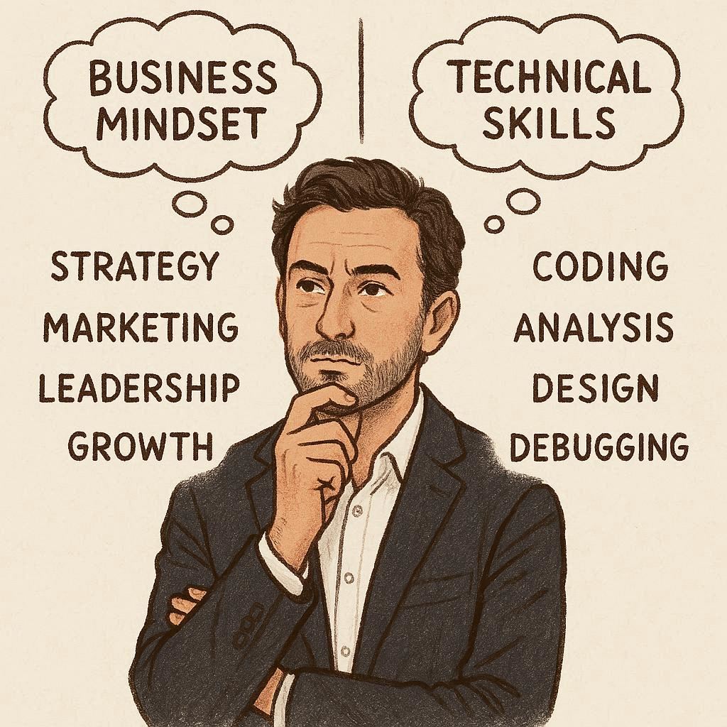 Entrepreneur français réfléchissant à son mindset business versus compétences techniques