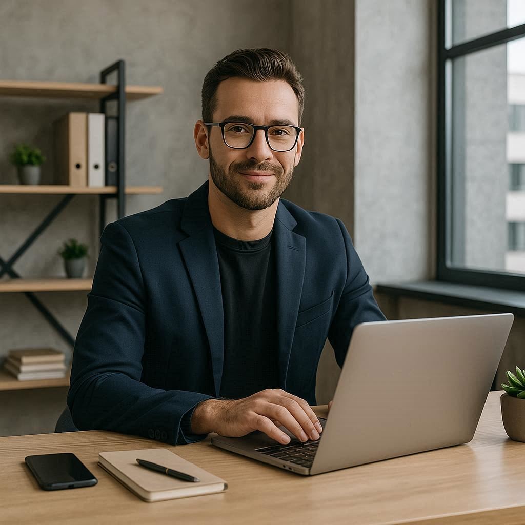 Autoentrepreneur confiant travaillant sur son ordinateur dans un bureau moderne, symbolisant la légitimité professionnelle